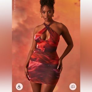 OUT OF THIS WORLD Crossover Ruched Mesh Mini Dress in Orange